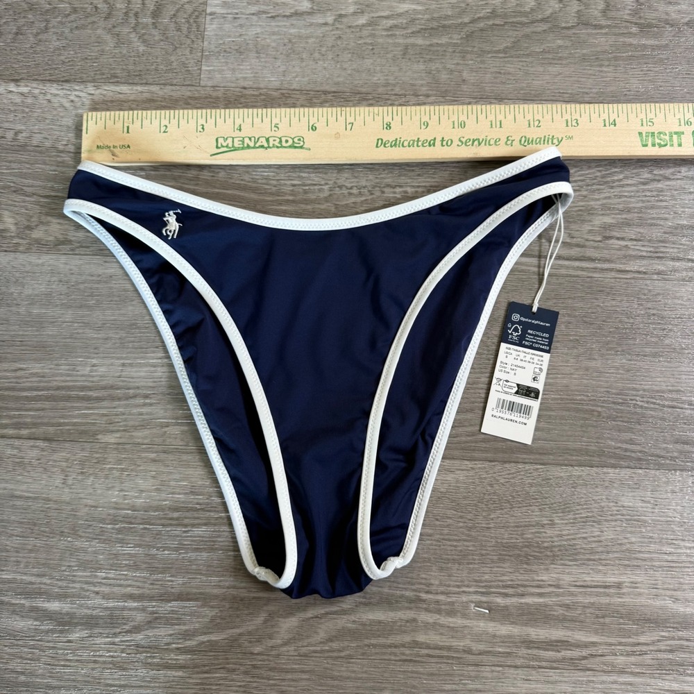 Polo Ralph Lauren Womens Navy Blue High Cut Bikini Bottom White Trim NWT Size S - Picture 2 of 9